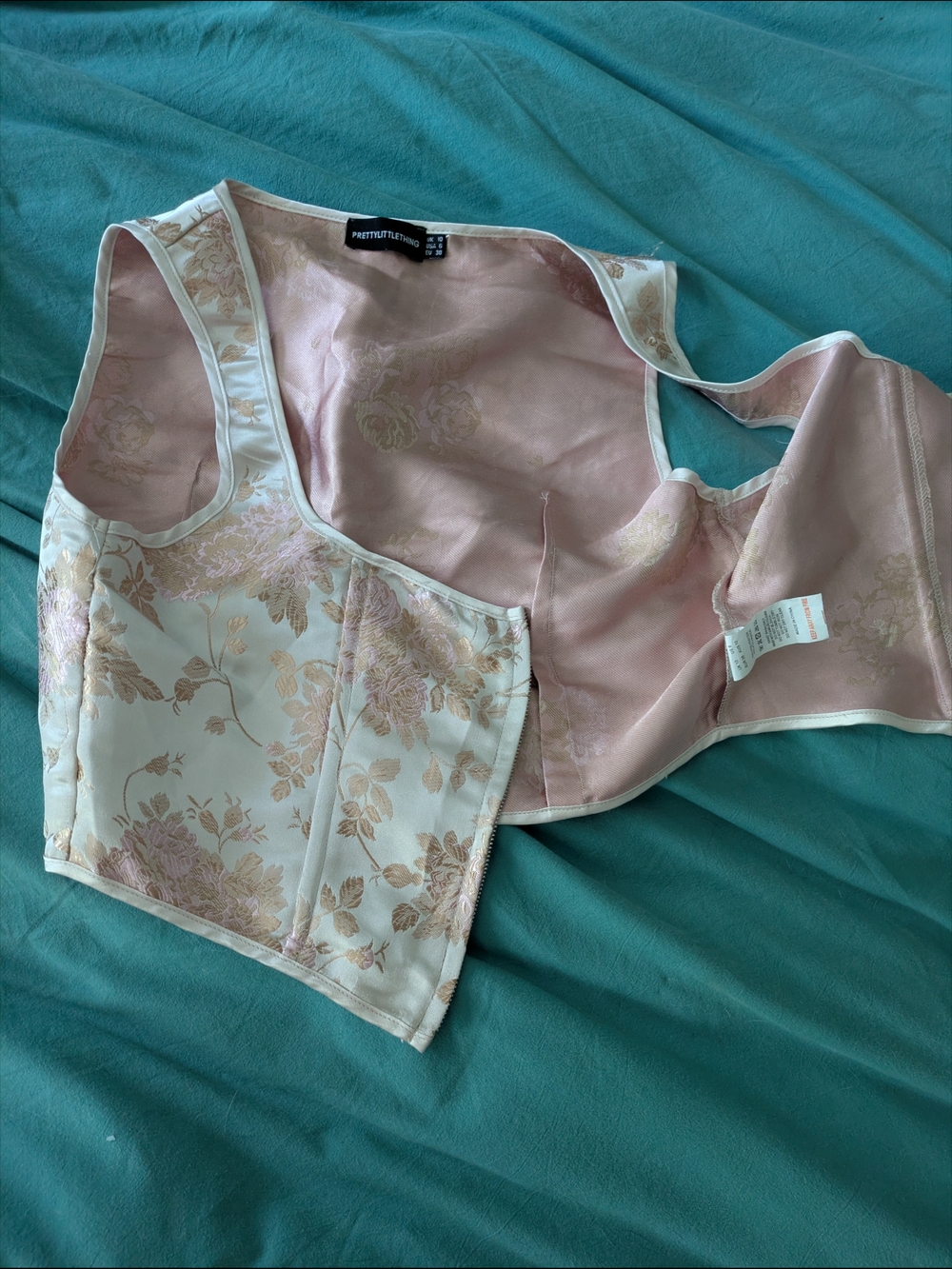 PrettyLittleThing Floral Brocade Corset Top in Pink and Cream Size 6 Zipper